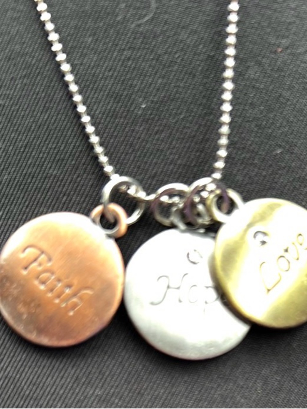 Tri-Tone Faith Hope Love Charm Necklace - Silver, Gold, Copper